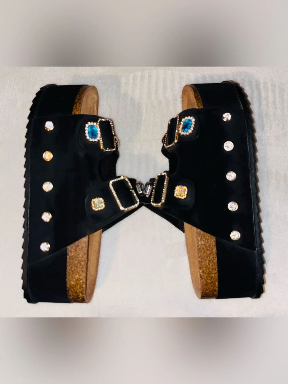 Black Jeweled Double-Buckle Slide Sandals
